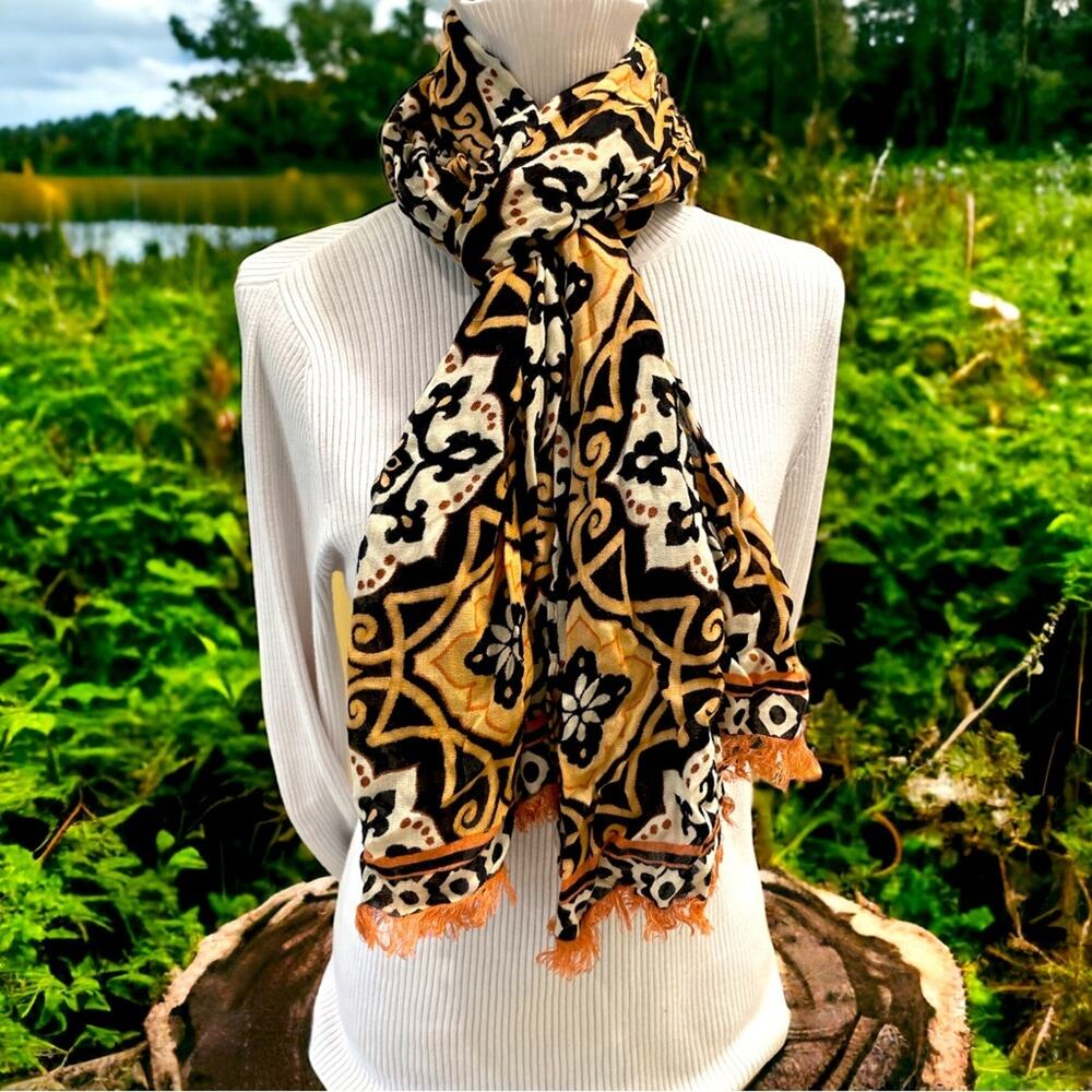 Boho Scarf Wrap Womens‎ Black Brown Medallion Lightweight Fringe Festival - Picture 3 of 5